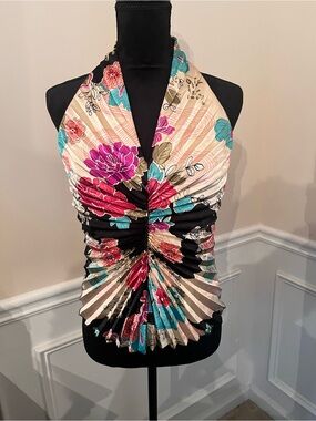 Floral Sleeveless Satin Wrap Dress in Black and Cream
